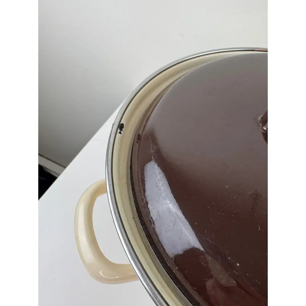 Vintage Moneta MCM Beige Brown Stock Pot 8-Quart Enamel with Lid Made in Italy